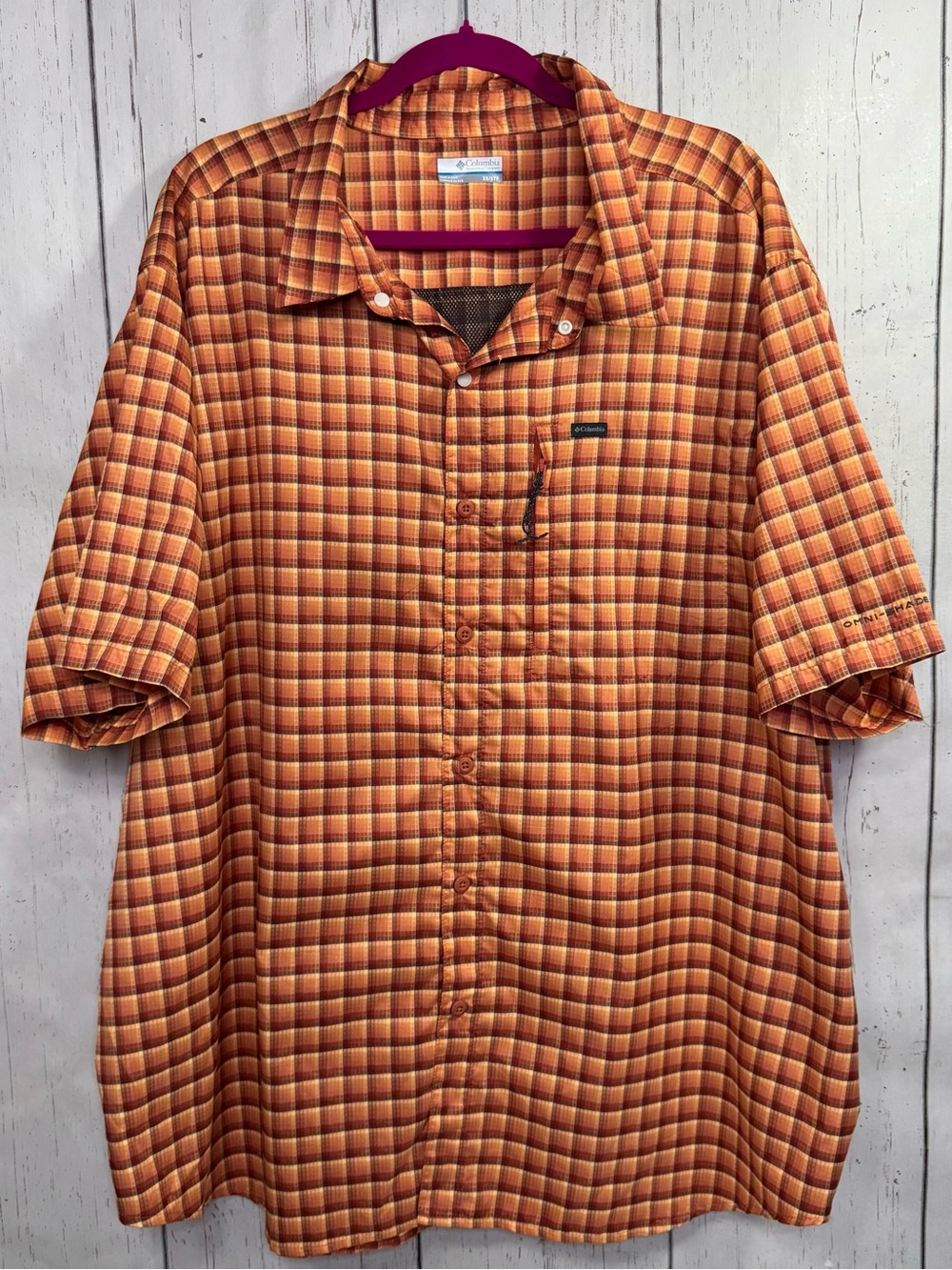 Columbia Orange Plaid Omni Shade Fishing Hiking Shirt Size 3X Big Tall Outdoor